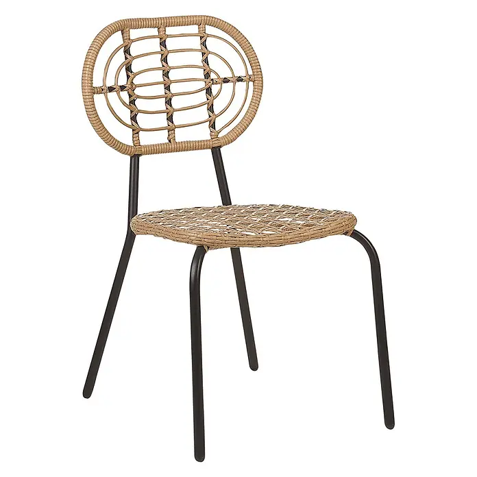 8er-Set Gartenstuhl PRATELLO in Naturfarben/Beige/Schwarz -  - Brauner Rattanstuhl mit schwarzem Metallgestell und ovaler Rückenlehne.