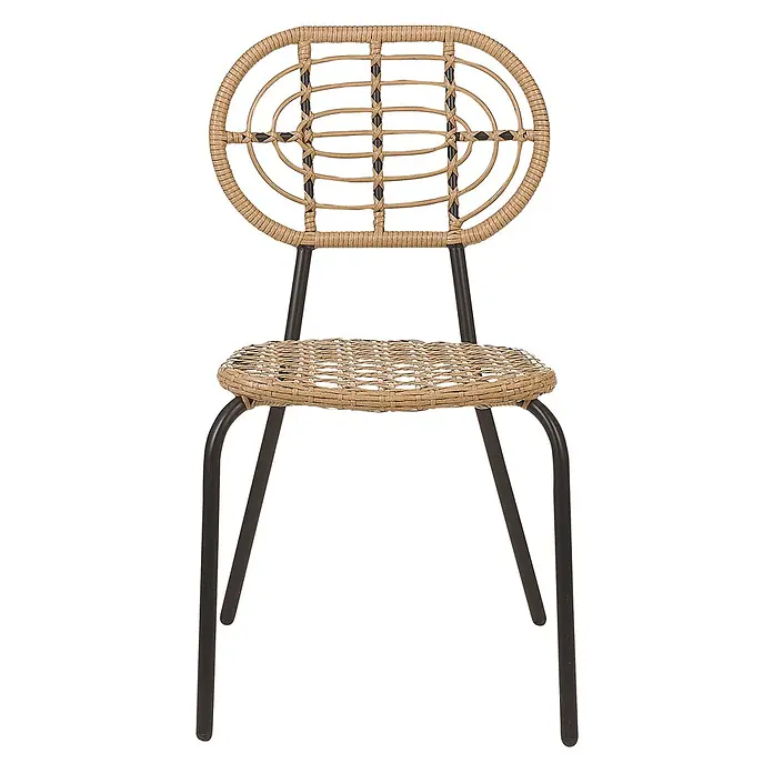 8er-Set Gartenstuhl PRATELLO in Naturfarben/Beige/Schwarz -  - Stuhl aus geflochtenem Rattan mit ovaler Rückenlehne und Sitzfläche, getragen von dunklen Metallbeinen.