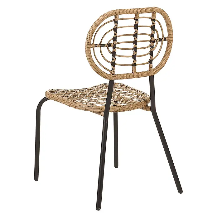 8er-Set Gartenstuhl PRATELLO in Naturfarben/Beige/Schwarz -  - Ein Stuhl mit natürlicher geflochtener Rattan-Sitzfläche und ovaler Rückenlehne, getragen von schwarzen Metallbeinen.