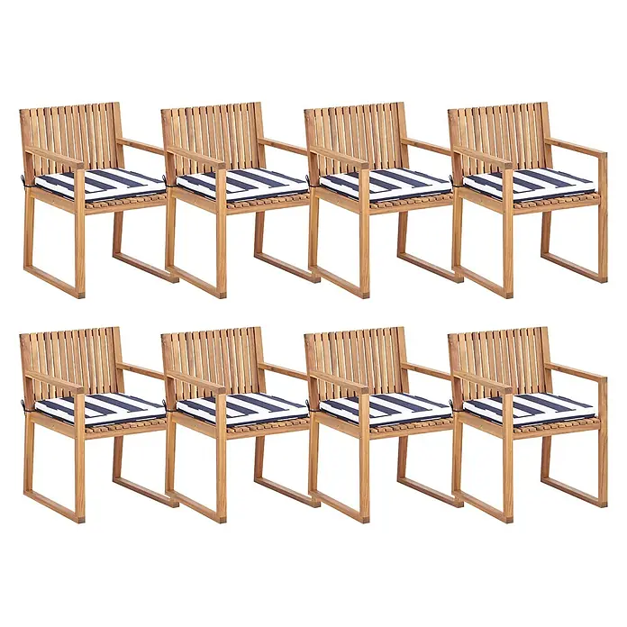 Beliani Gartenstuhl-Set SASSARI II - 8 Stk., zertifiziertes Akazienholz, Braun, B x T x H: 54 x 59 x 80 cm - Acht Holzstühle mit Armlehnen und marineblau-weiß gestreiften Kissen.