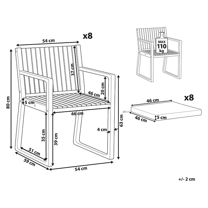 Beliani Gartenstuhl-Set SASSARI II - 8 Stk., zertifiziertes Akazienholz, Braun, B x T x H: 54 x 59 x 80 cm - Illustrierter Lamellen-Armlehnenstuhl mit Maßen, passendem Kissen und 110 kg max. Belastung.