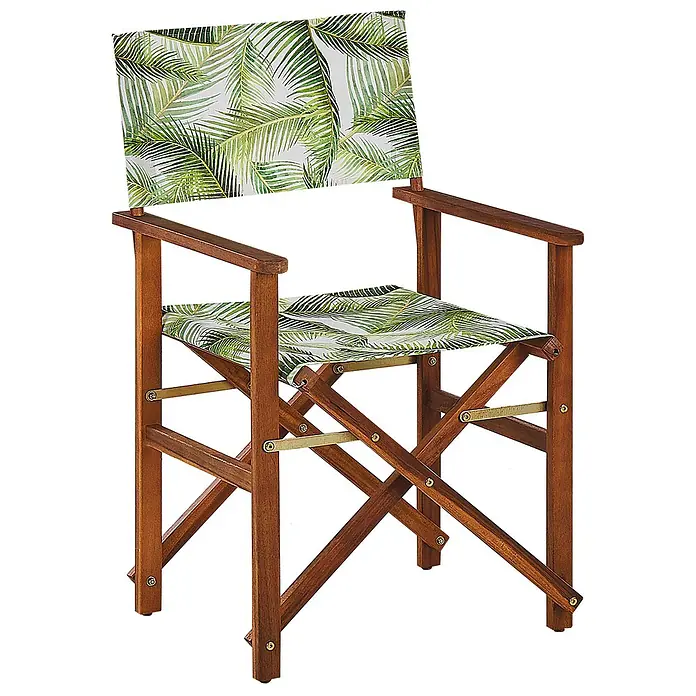 6er-Set Gartenstuhl CINE in Grün/Weiß/Braun -  - Klappbarer Regiestuhl aus Holz mit Sitz und Rückenlehne aus Stoff mit Palmenblattmuster und Messingbeschlägen.