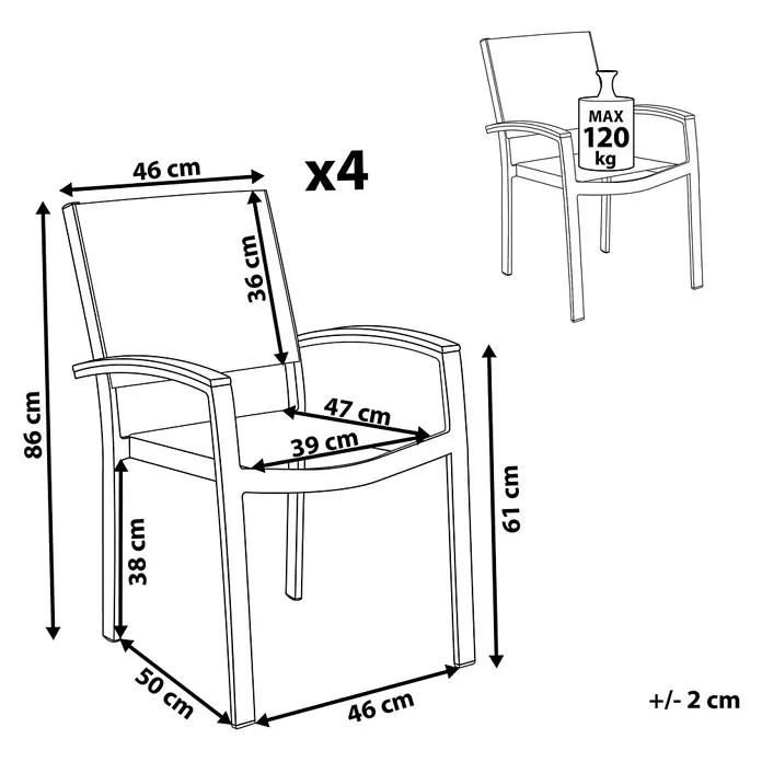 4er-Set Gartenstuhl PERETA in Grau/Weiß -  - Maßzeichnung eines Stuhls mit Armlehnen: 86cm Gesamthöhe, max. 120kg Belastung. Erhältlich als 4er-Set.
