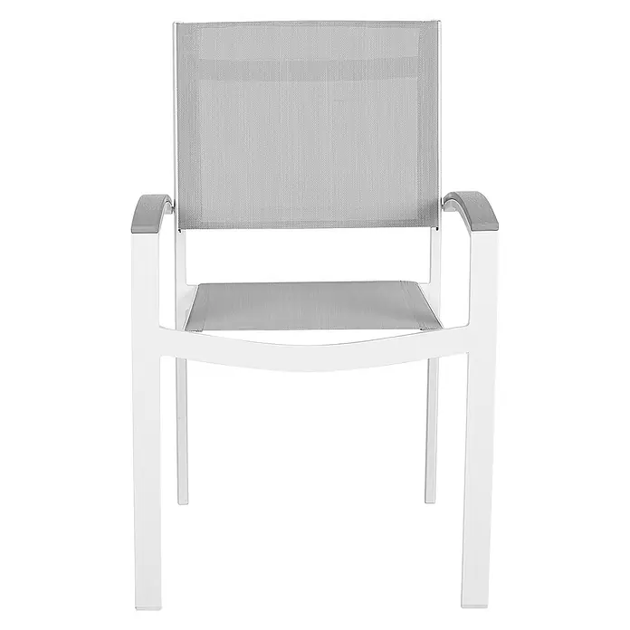 2er-Set Gartenstuhl PERETA in Grau/Weiß -  - Sessel mit weißem Metallrahmen, grauer Netzbespannung für Sitz und Rückenlehne und grauen Armlehnen.