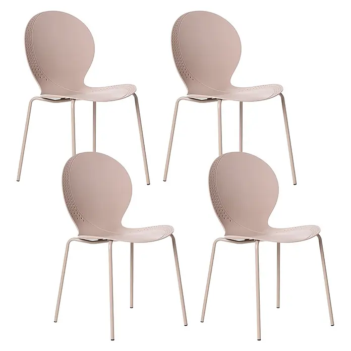 4er-Set Esszimmerstuhl MILOS in Beige -  - Vier beigefarbene Stühle mit geschwungenen, perforierten Rückenlehnen und Sitzen auf schlanken Metallbeinen.