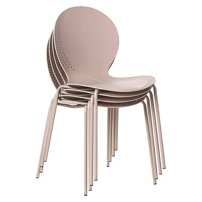 4er-Set Esszimmerstuhl MILOS in Beige -  - Fünf stapelbare Stühle mit geschwungenen hellbraunen Sitzen und passenden Metallbeinen, teils mit Lochdetails.