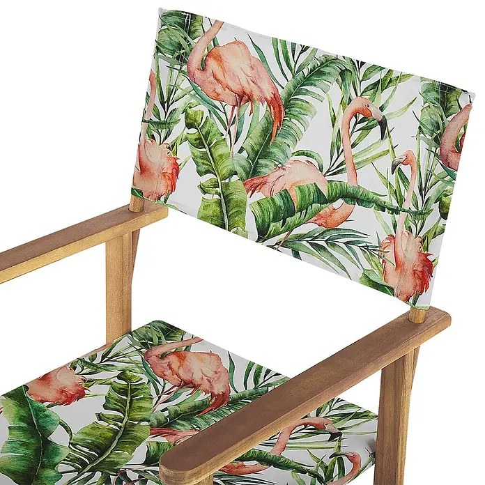 6er-Set Gartenstuhl CINE in Grün/Weiß/Rosa -  - Klappbarer Holzstuhl mit weißem Stoffbezug, verziert mit pinken Flamingos und grünen Palmenblättern.