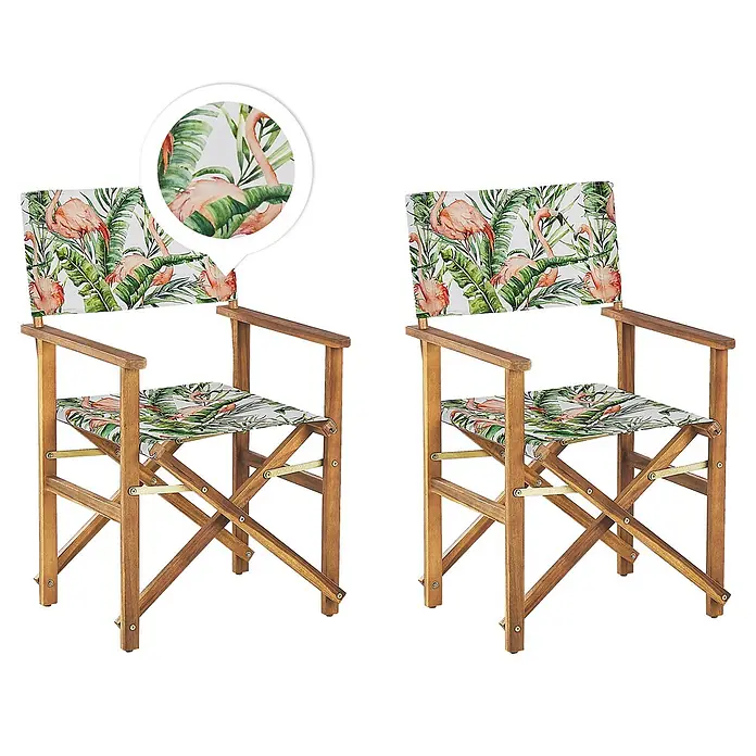 6er-Set Gartenstuhl CINE in Grün/Weiß/Rosa -  - Zwei hölzerne Regiestühle mit tropischem Flamingo- und Palmenblatt-Stoffbezug für Sitz und Rückenlehnen.