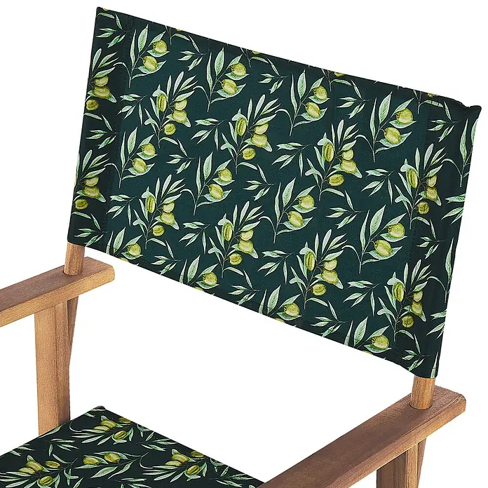 6er-Set Gartenstuhl CINE in Grün/Weiß/Braun -  - Regiestuhl mit dunkelgrünem Stoffbezug, gemustert mit Olivenzweigen, auf einem Naturholzrahmen.