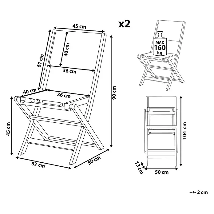 Beliani Gartenstuhl-Set CESANA - 2 Stk., Akazienholz, Klappbar, Grau, B x T x H: 57 x 50 x 90 cm - 2er-Set Holzklappstühle. Aufgeklappt: H90xB45xT57cm. Zusammengeklappt: H104xB50xT13cm. Max 160kg.