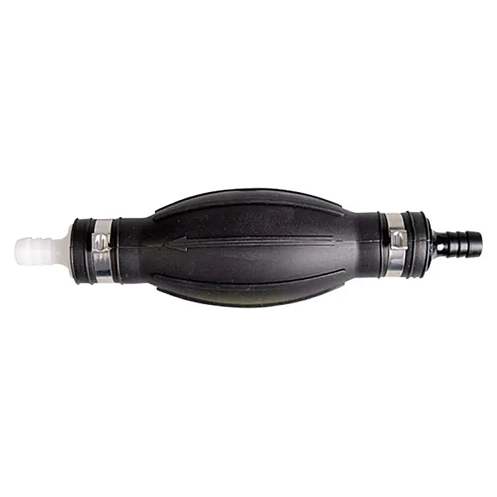 Pumpball - Geeignet für: Benzinschlauch 8 mm - Schwarze Kraftstoff-Ansaugpumpe mit silbernen Klemmen und durchsichtigem und schwarzem Schlauchanschluss.