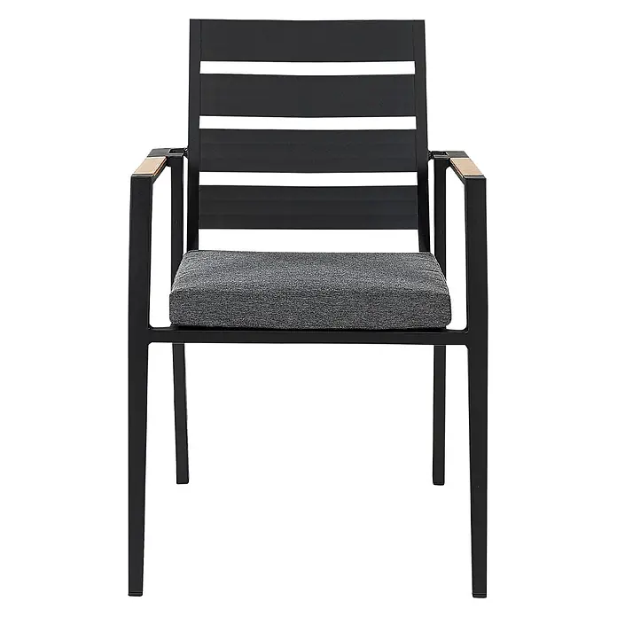 12er-Set Gartenstuhl TAVIANO in Schwarz/Grau/Braun -  - Schwarzer Outdoor-Esszimmerstuhl mit Lattenrückenlehne, grauem Sitzkissen und Holzarmlehnenakzenten.