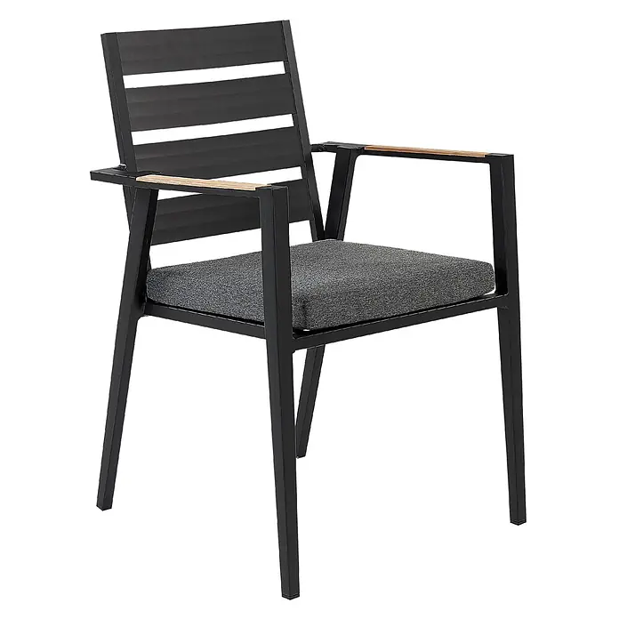 12er-Set Gartenstuhl TAVIANO in Schwarz/Grau/Braun -  - Moderner schwarzer Metall-Gartenstuhl mit Holzarmlehnen und grauem Stoffkissen.