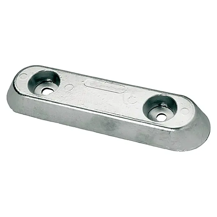 Talamex Rumpfanode Vetus - Aluminium, 1 kg, Süß- & Brackwasser, 250 x 65 x 28 mm, Schrauben - Ein silberfarbener, länglicher Bootsanleger mit zwei Löchern zur Befestigung. Ideal für sicheres Anlegen von Booten an Stegen.