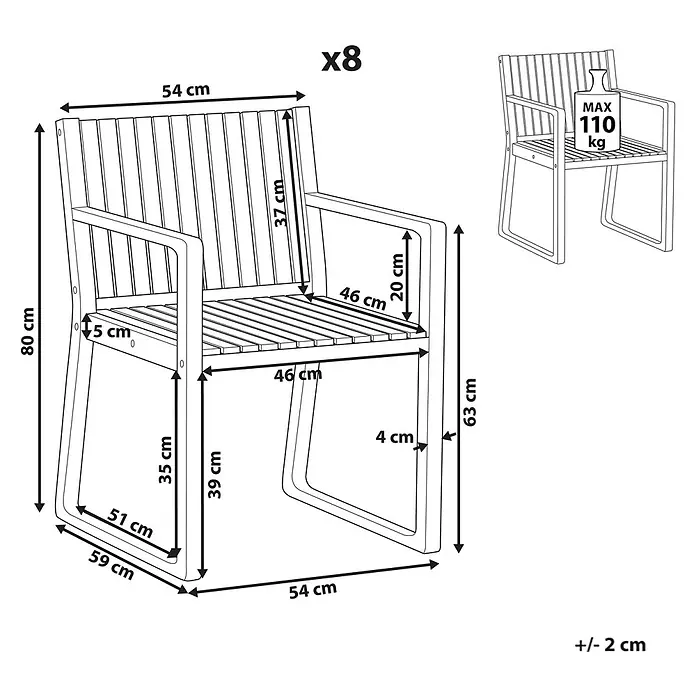 Beliani Gartenstuhl-Set SASSARI II PREMIUM - 8 Stk., zertifiziertes Akazienholz, Braun, B x T x H: 54 x 59 x 80 cm - Schemazeichnung eines Sessels mit Armlehnen, Maßen und max. 110 kg Tragfähigkeit, in 8er-Sets erhältlich.