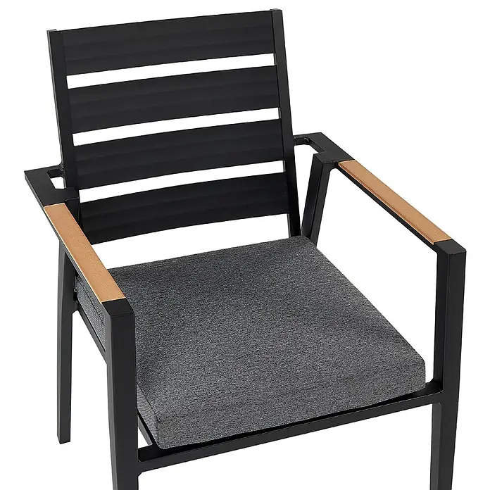 12er-Set Gartenstuhl TAVIANO in Schwarz/Grau/Braun -  - Schwarzer Sessel mit dunkelgrauem Kissen und hellbraunen Armlehnen-Akzenten. Lattenrückenlehne für den Außenbereich.