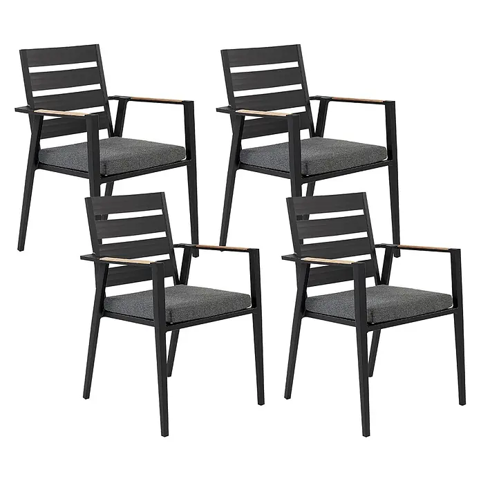 8er-Set Gartenstuhl TAVIANO in Schwarz/Grau/Braun -  - Vier schwarze Outdoor-Sessel mit grauen Sitzkissen und Holzarmlehnen.