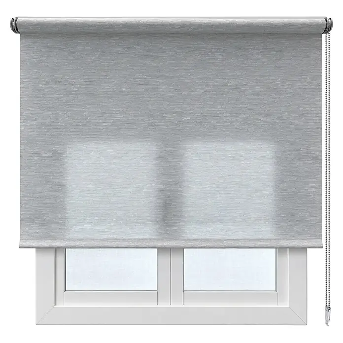 Estor enrollable Icaro - An x Al: 135 x 250 cm, Gris - Estor enrollable gris claro texturizado cubriendo una ventana, accionado por una cadena plateada a la derecha.