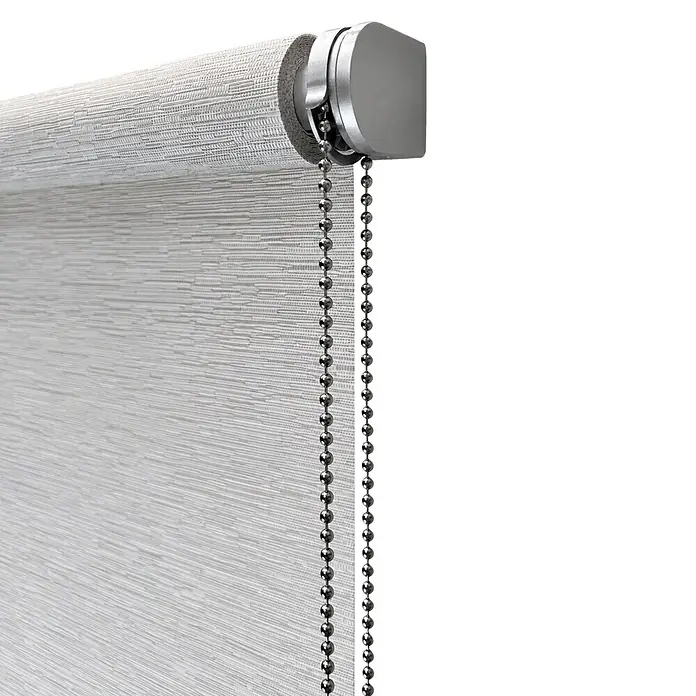 Estor enrollable Icaro - An x Al: 120 x 250 cm, Lino - Estor enrollable gris claro texturizado con mecanismo plateado y cadena de bolas metálica.