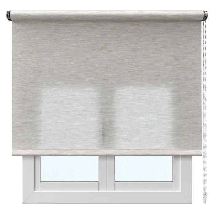 Estor enrollable Icaro - An x Al: 120 x 250 cm, Lino - Estor enrollable gris claro texturizado, parcialmente bajado sobre un marco de ventana blanco, con cadena a la derecha.