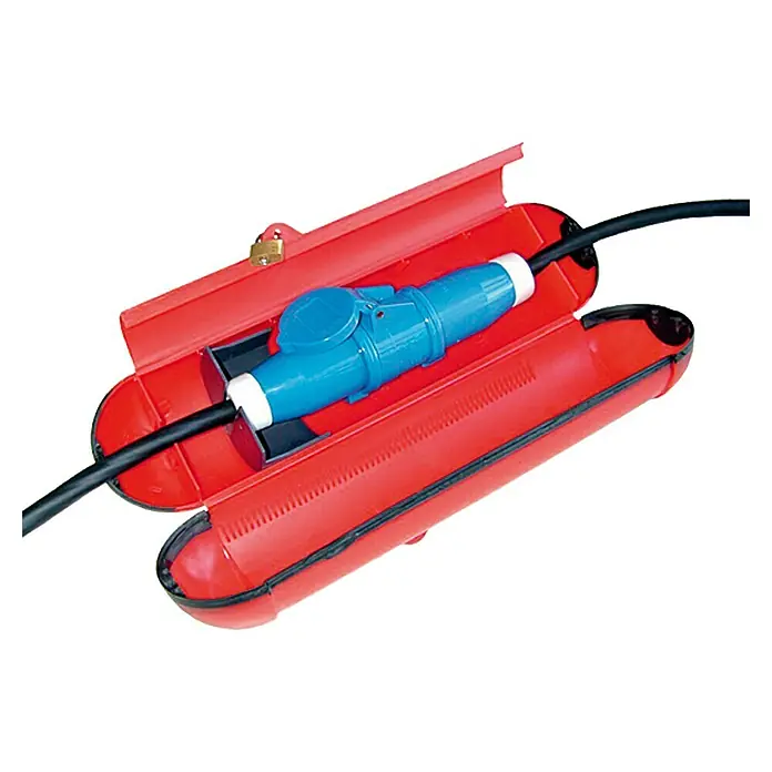 CEE-Schutzhülle für Stecker Elektro-Safe - Schutz gegen: Feuchtigkeit, Kunststoff - Ein roter Kabelverbindungsschutz mit einem blauen Stecker und einem schwarzen Kabel. Schützt Kabelverbindungen im Außenbereich.