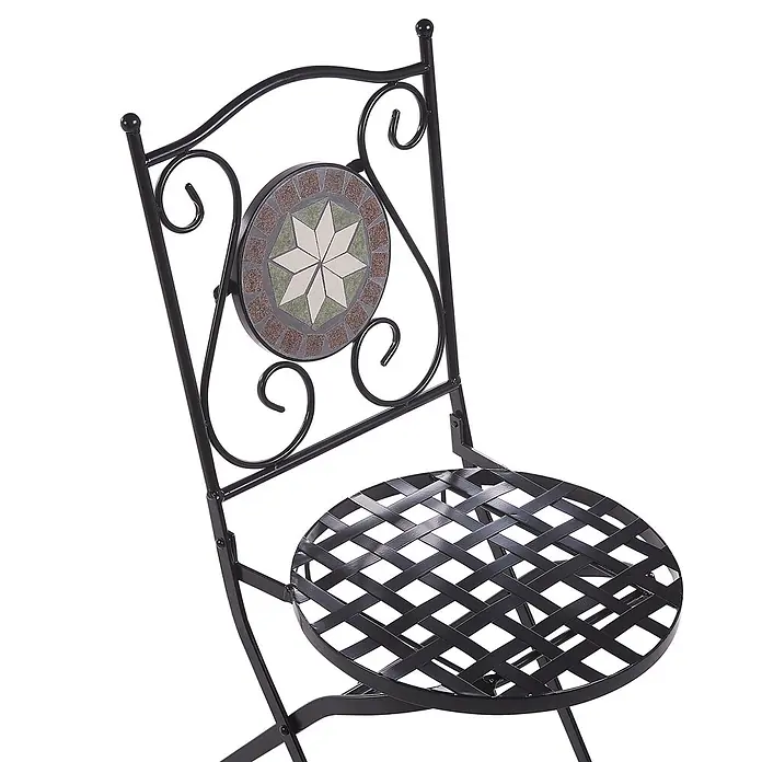 2er-Set Gartenstuhl CARIATI in Schwarz -  - Schwarzer Metallgartenstuhl mit aufwendiger Rückenlehne mit Sternmuster-Mosaikfliesen und geflochtener Metallsitzfläche.