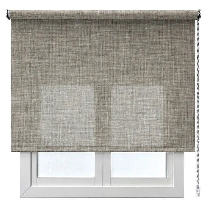 Estor enrollable screen 5% Talos - An x Al: 135 x 250 cm, Piedra - Estor enrollable gris texturizado, parcialmente bajado sobre una ventana blanca, con una cadena de plata.