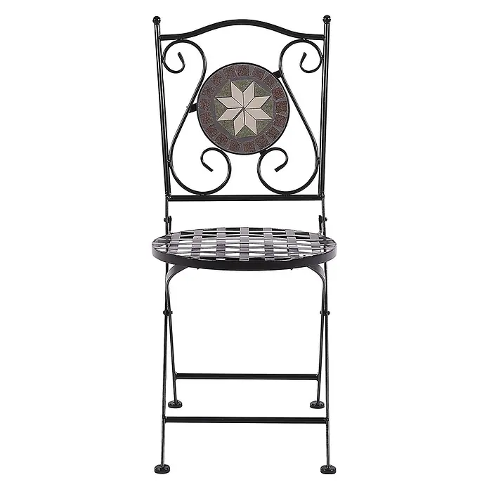 2er-Set Gartenstuhl CARIATI in Schwarz -  - Schwarzer Klappstuhl aus Metall mit runder Mosaik-Rückenlehne, die ein Sternmuster in Braun, Grün und Beige zeigt.