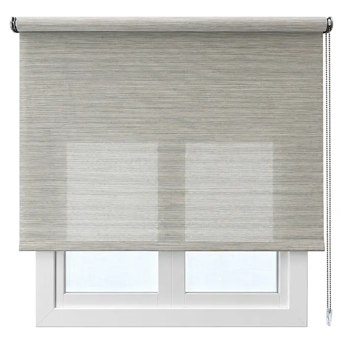 Estor enrollable screen 5% Talos - An x Al: 135 x 250 cm, Arena - Estor enrollable gris claro texturizado, parcialmente bajado sobre una ventana blanca, con cadena plateada.