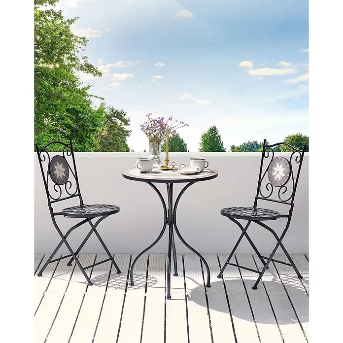 2er-Set Gartenstuhl CARIATI in Schwarz -  - Schwarzes Metall-Bistro-Set mit Mosaikfliesen-Tischplatte und Stuhllehnen.