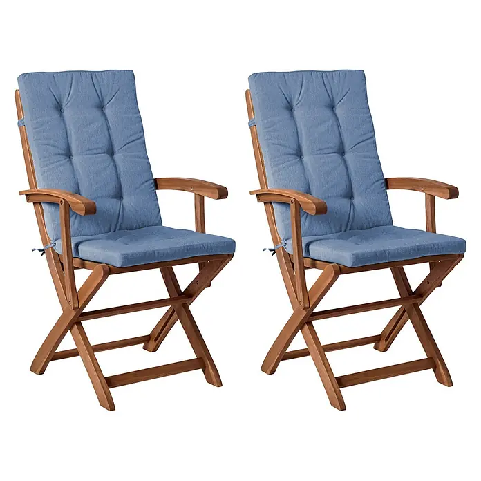 Beliani Gartenstuhl-Set MAUI PREMIUM - 2 Stk., Akazienholz, Klappbar, Braun, B x T x H: 46 x 48 x 92 cm - Zwei klappbare Gartenstühle aus Holz mit blauen Auflagen.