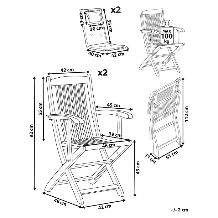 Beliani Gartenstuhl-Set MAUI PREMIUM - 2 Stk., Akazienholz, Klappbar, Braun, B x T x H: 46 x 48 x 92 cm - Klappbarer Holzstuhl mit Armlehnen und Kissen, Maße und zusammengeklappter Zustand gezeigt. Max. Belastung 100 kg.
