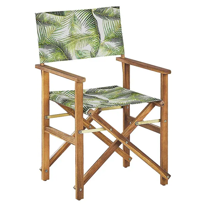 6er-Set Gartenstuhl CINE in Grün/Weiß/Braun -  - Klappbarer Regiestuhl aus Holz mit tropischem Palmenblattmuster auf Sitz und Rückenlehne aus Stoff.