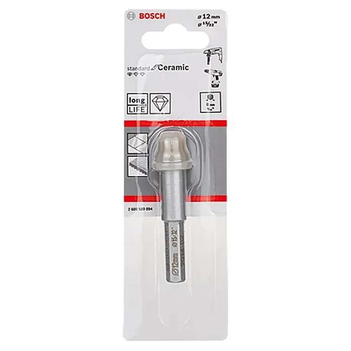 Bosch Broca diamantada para perforación en seco Ceramic - Diámetro: 12 mm, Diámetro vástago: 8 mm - Imagen de una sierra de corona de diamante Bosch Standard Ceramic, de 12 mm de diámetro, ideal para taladrar agujeros en baldosas cerámicas.
