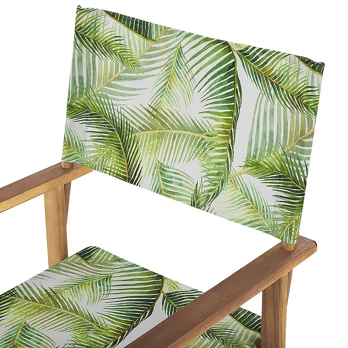 6er-Set Gartenstuhl CINE in Grün/Weiß/Braun -  - Regiestuhl aus Holz mit weißem Stoffsitz und Rückenlehne mit lebhaftem grünem Palmenblattmuster.