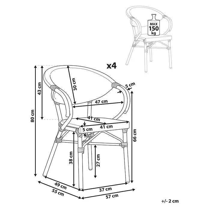 4er-Set Gartenstuhl CASPRI in Schwarz/Weiß/Braun -  - 4er-Set Stühle in Rattan-Optik, Maße abgebildet, max. Belastung 150 kg.