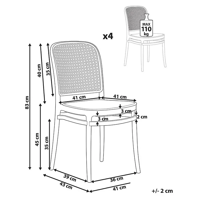 4er-Set Gartenstuhl PLOSE in Beige/Weiß -  - Set aus 4 Stühlen mit geflochtener Rückenlehne, 83 cm hoch, 43 cm tief, 41 cm breit. Sitzhöhe 45 cm. Max. Belastung 110 kg. Maße +/- 2 cm.