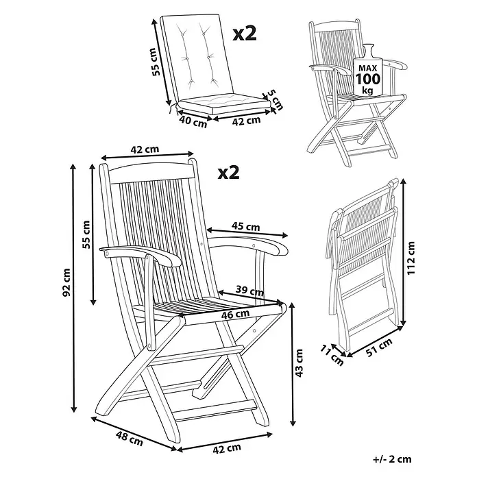 Beliani Gartenstuhl-Set MAUI PREMIUM - 2 Stk., Akazienholz, Klappbar, Braun, B x T x H: 46 x 48 x 92 cm - Zwei klappbare Gartenstühle aus Holz mit Kissen, Maße und 100 kg Tragfähigkeit.