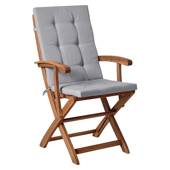 Beliani Gartenstuhl-Set MAUI PREMIUM - 2 Stk., Akazienholz, Klappbar, Braun, B x T x H: 46 x 48 x 92 cm - Klappbarer Gartenstuhl aus Holz mit hellbraunem Gestell und dickem, gestepptem grauen Kissen auf Sitz und Rücken.