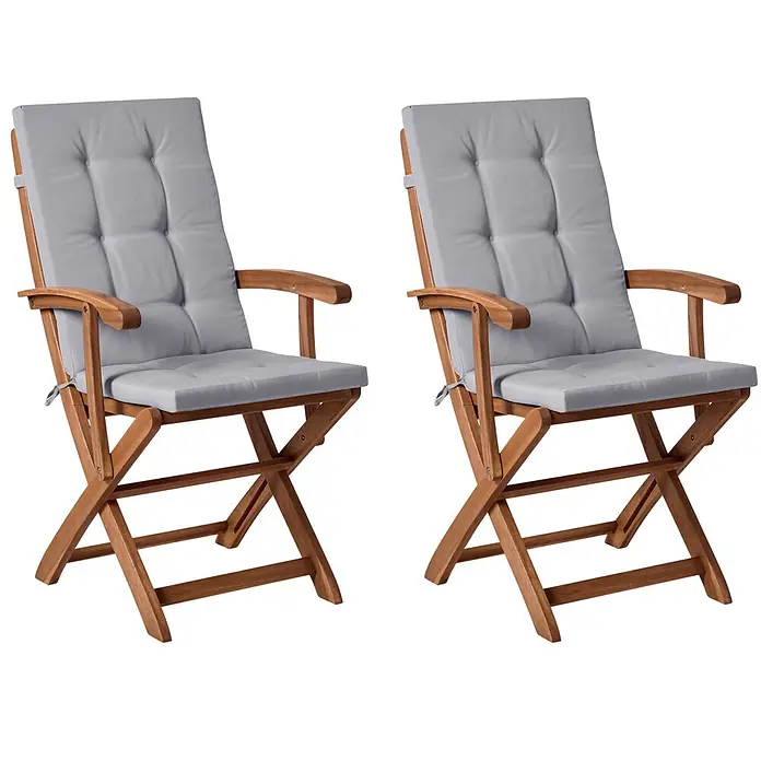 Beliani Gartenstuhl-Set MAUI PREMIUM - 2 Stk., Akazienholz, Klappbar, Braun, B x T x H: 46 x 48 x 92 cm - Zwei klappbare Holzstühle mit weichen grauen Auflagen.