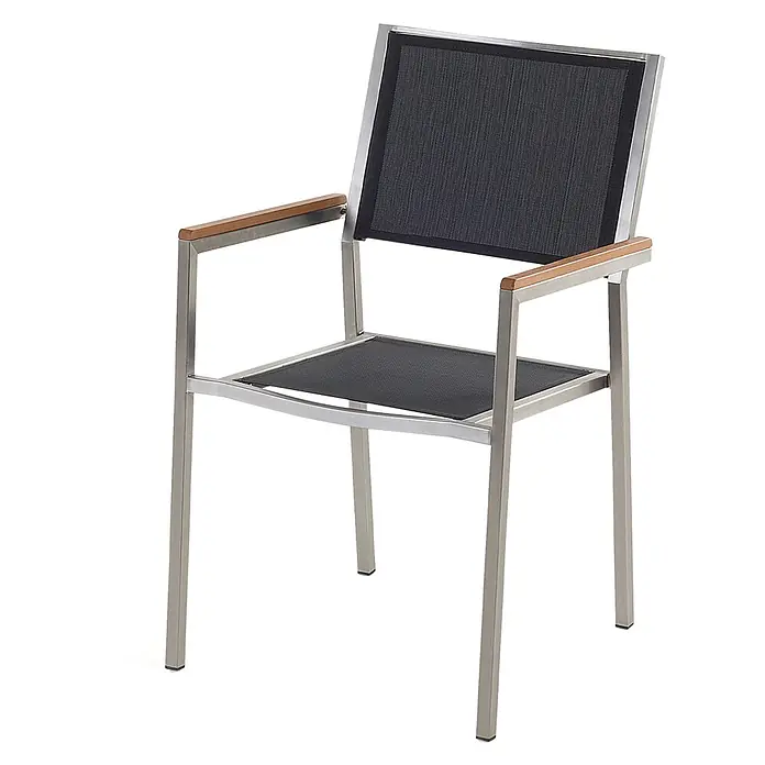 6er-Set Gartenstuhl GROSSETO in Schwarz/Silber/Braun -  - Moderner Outdoor-Sessel mit silbernem Metallrahmen, schwarzem Netzgewebe und Holzarmlehnen.