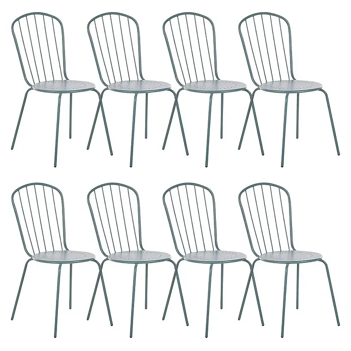 Beliani Gartenstuhl-Set CALVI - 8 Stk., Stahl, Blau, B x T x H: 40 x 47 x 89 cm - Acht grüne Metallstühle mit Lattenlehnen und perforierten Sitzen.