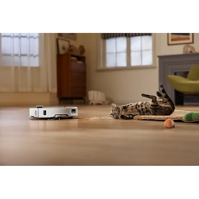 Roborock Saugwischroboter Qrevo Edge 2X - Saugkraft: 25.000 Pa, Akkulaufzeit: 188 min, Fassungsvermögen Roboter: 240 ml, Weiß - Weißer Saugroboter auf Holzboden, nähert sich Tierhaaren neben einer liegenden Katze.