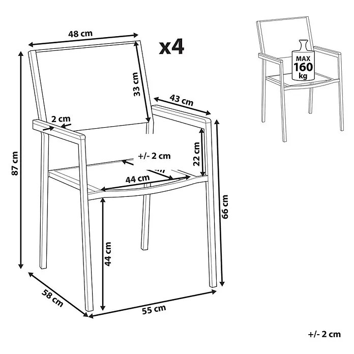4er-Set Gartenstuhl GROSSETO in Schwarz/Silber -  - Diagramm eines Gartenstuhls mit Maßen und max. 160 kg Belastbarkeit. Verkauft als 4er-Set.