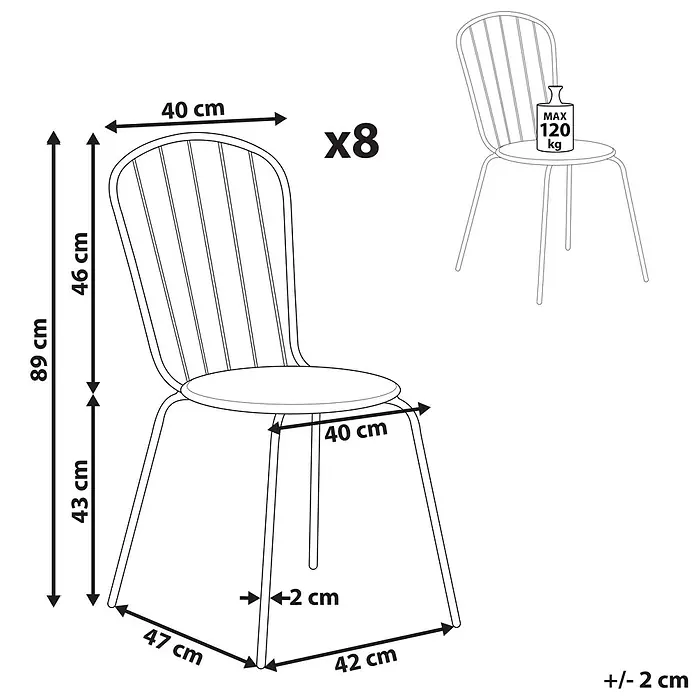 Beliani Gartenstuhl-Set CALVI - 8 Stk., Stahl, Blau, B x T x H: 40 x 47 x 89 cm - Strichzeichnung eines Stuhls; Gesamt H 89cm, Sitz H 43cm, Rücken B 40cm, Sitz T 40cm. Max. Belastung 120kg. 8er-Set.
