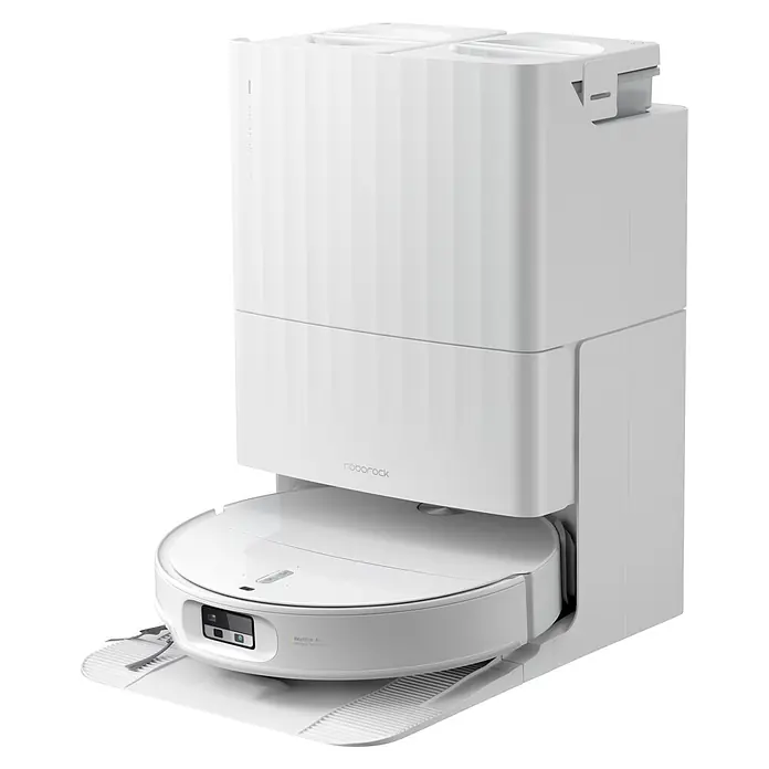 Roborock Saugwischroboter Qrevo Edge 2X - Saugkraft: 25.000 Pa, Akkulaufzeit: 188 min, Fassungsvermögen Roboter: 240 ml, Weiß - Weißer Roboterstaubsauger in seiner hohen, weißen Multifunktions-Dockingstation.