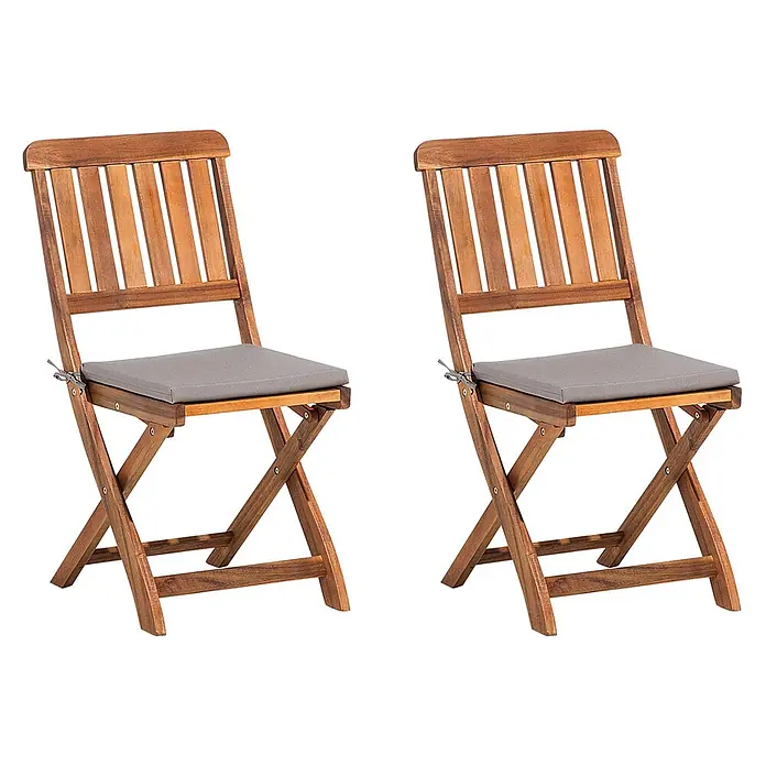 4er-Set Gartenstuhl CENTO in Braun/Grau -  - Zwei braune Holzklappstühle mit grauen Sitzkissen.