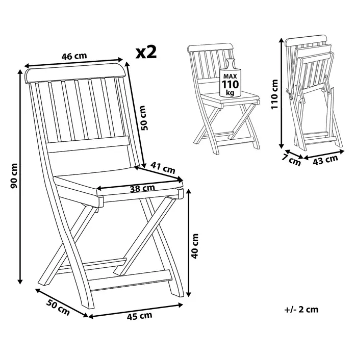 4er-Set Gartenstuhl CENTO in Braun/Grau -  - Abmessungen von Holz-Klappstühlen, geöffnet, zusammengeklappt und Tragfähigkeit von 110 kg.