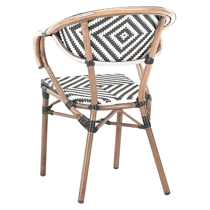 4er-Set Gartenstuhl CASPRI in Schwarz/Weiß/Braun -  - Geflochtener Bistrostuhl mit braunem Gestell und schwarz-weißem geometrischem Muster auf Sitz und Rückenlehne.