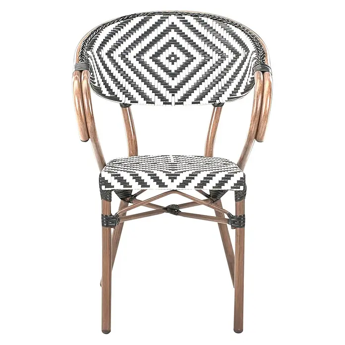 4er-Set Gartenstuhl CASPRI in Schwarz/Weiß/Braun -  - Schwarz-weiß geflochtener Bistrostuhl mit braunem Rattanrahmen.